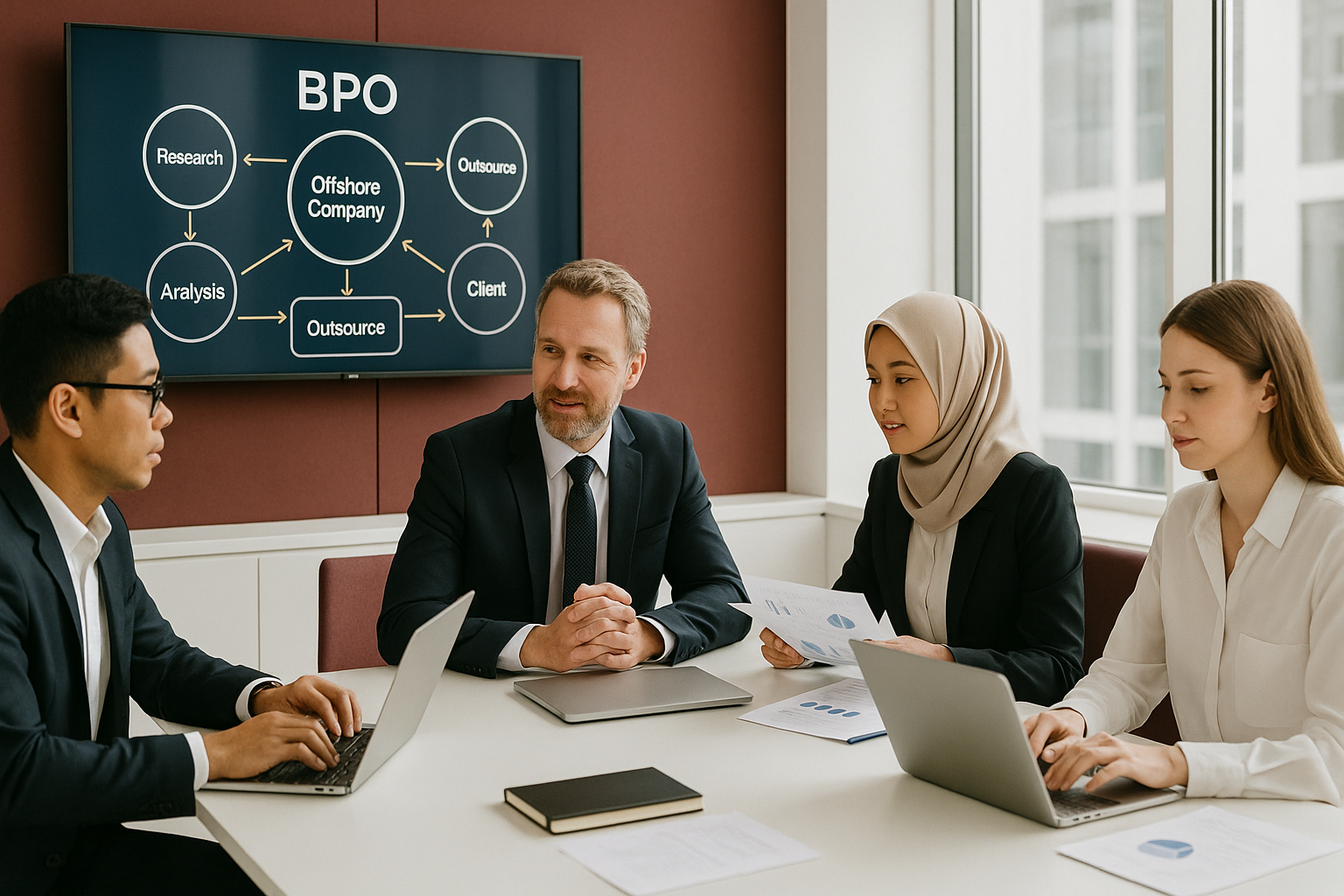 Business Process Outsourcing BPO tim profesional bekerja dengan teknologi modern